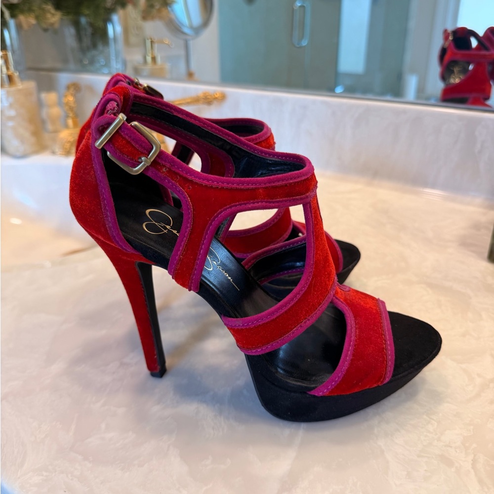 Jessica Simpson BRUNO Very Red Velvet Platforms Strappy Heels Shoes, 7M - Picture 6 of 12